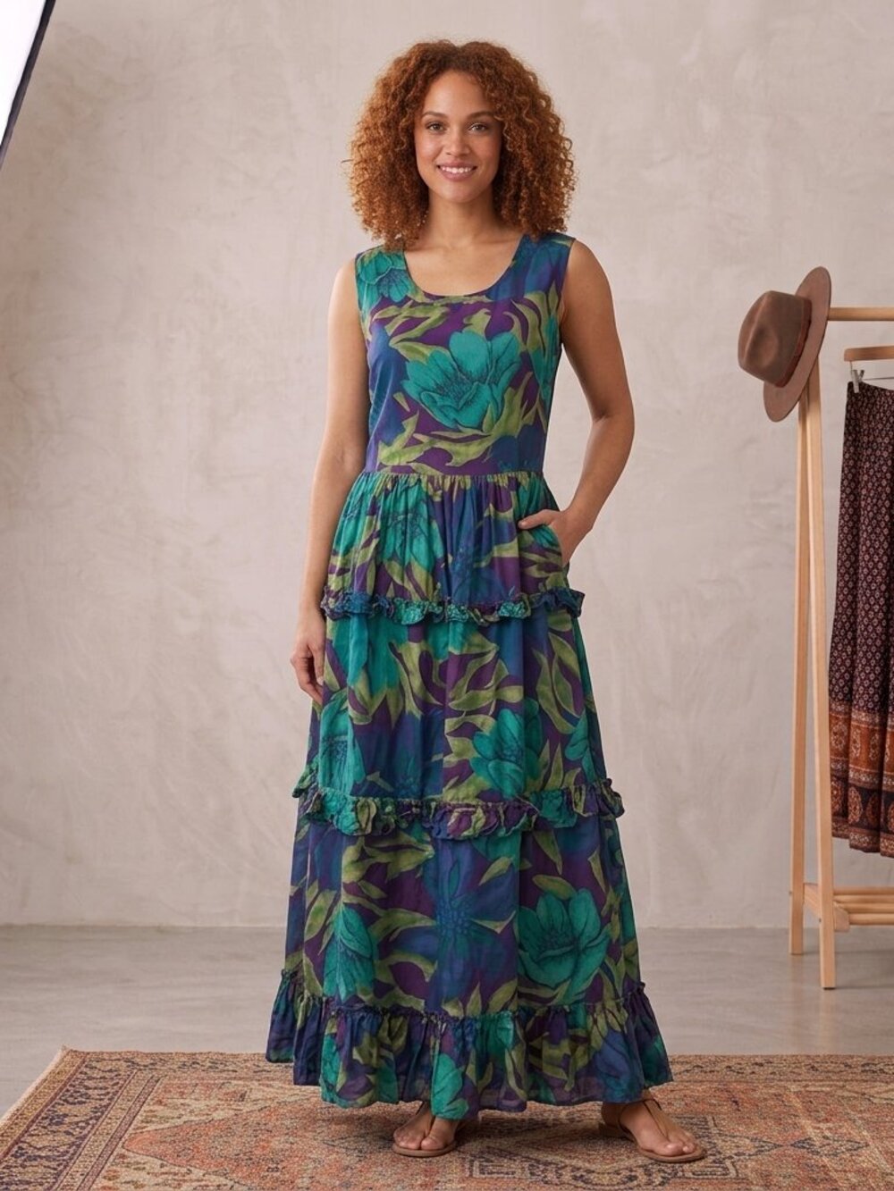 Adrian Jordan Dress Maxi Women's 18/20 Green Ruffle Detail Floral Vintage tropic